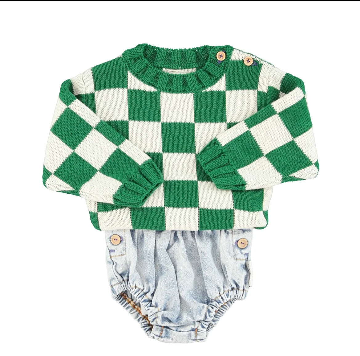 knitted sweater ecru & green checkered