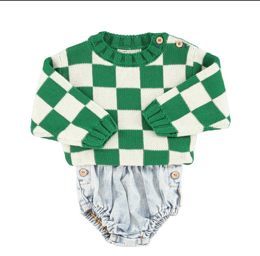 knitted sweater ecru & green checkered baby