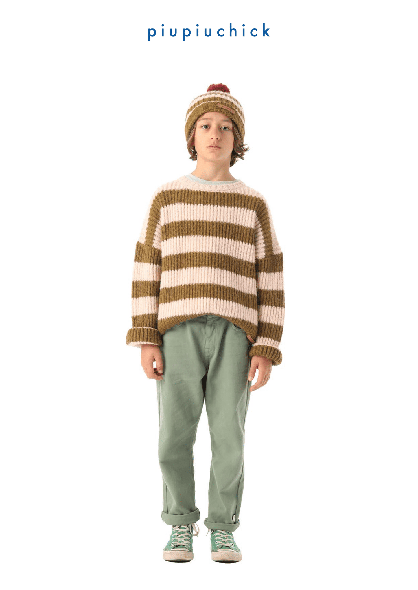 knitted sweater green & ecru stripes Piupiuchick